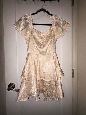 Francesca's Cream Floral Jacquard Smocked Neck Dress